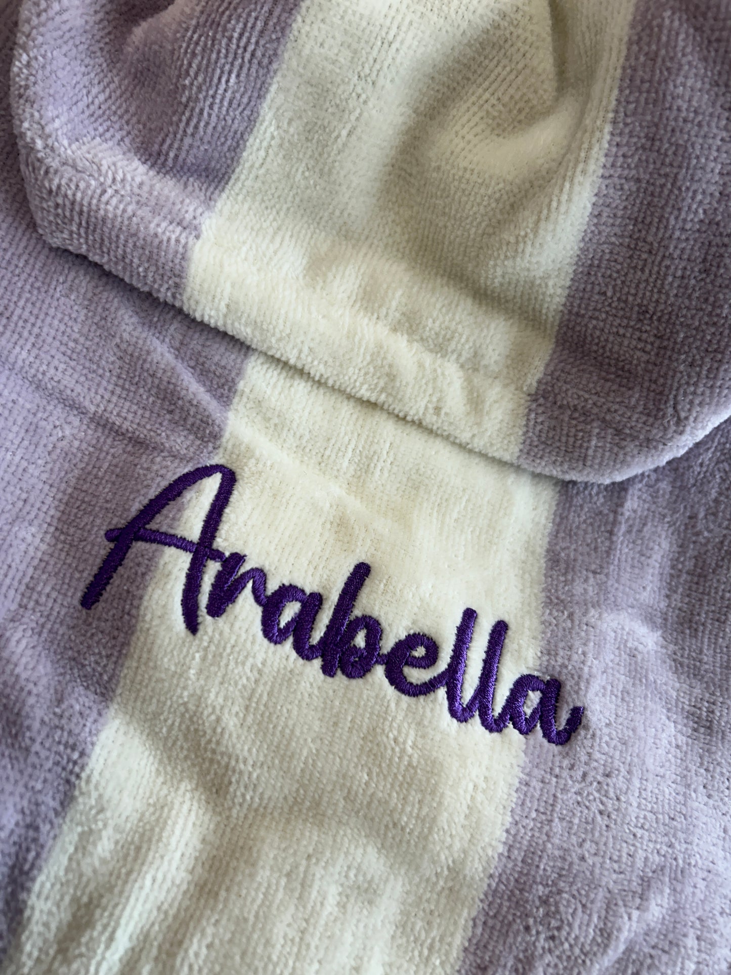 Lilac &amp; White Stripe Kids’ Personalised Hooded Beach Poncho