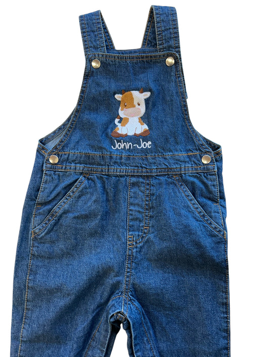 Kids Denim Dungarees Personalised Cow & Name design