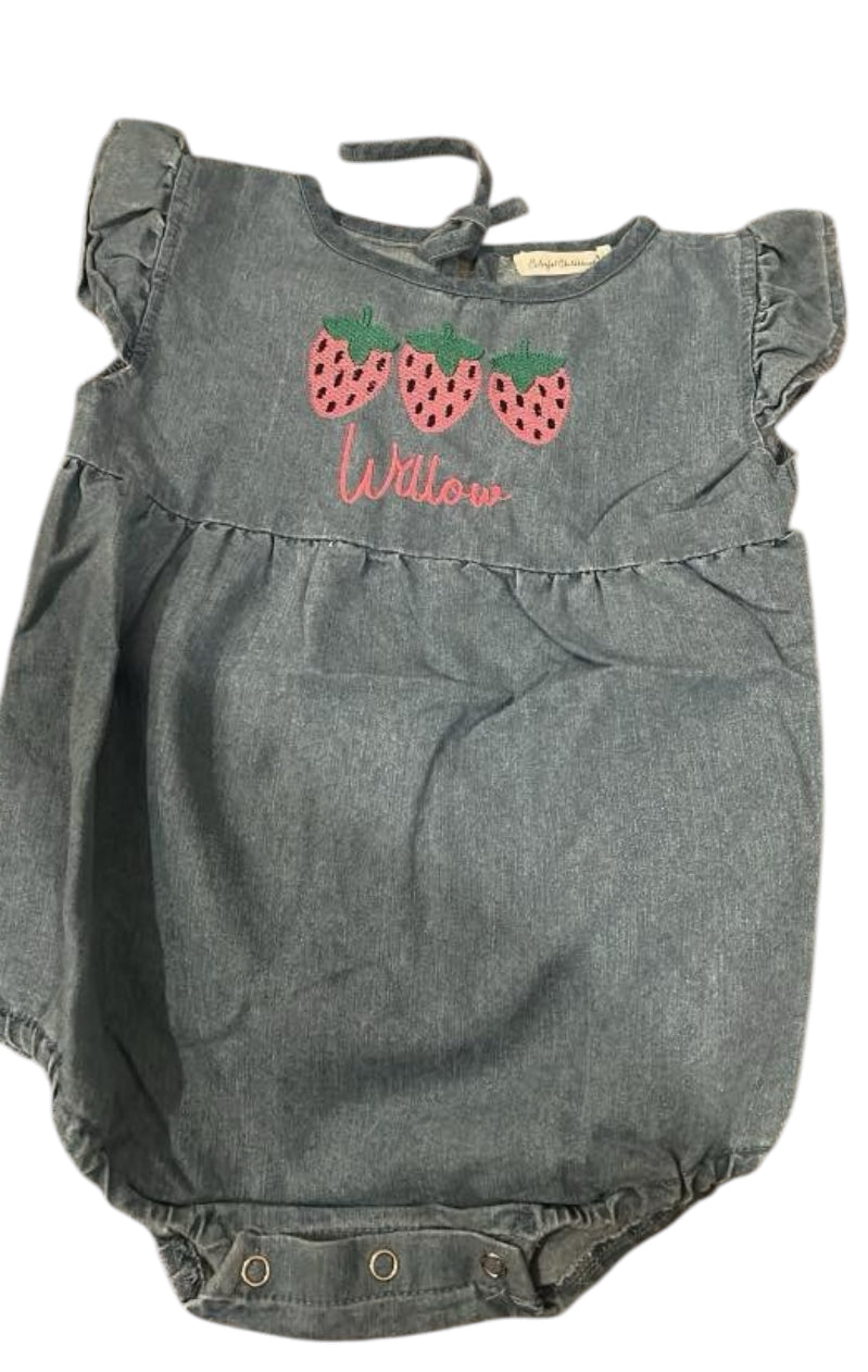 Denim summer personalised romper Strawberries