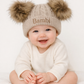 Cable knit beige personalised double pom hat