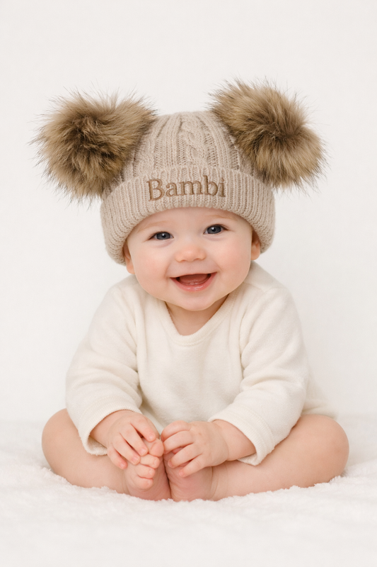 Cable knit beige personalised double pom hat