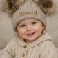 Cable knit beige personalised double pom hat