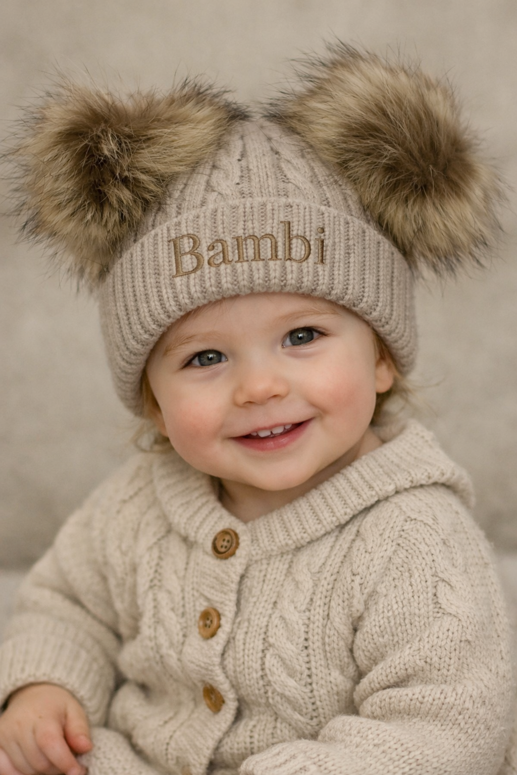 Cable knit beige personalised double pom hat