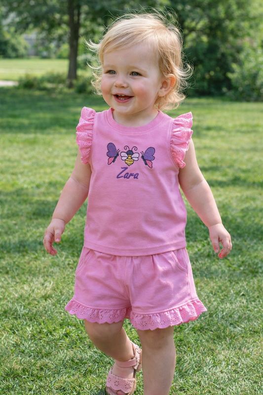 Frill style anglaise personalised shorts & top set - Butterflies