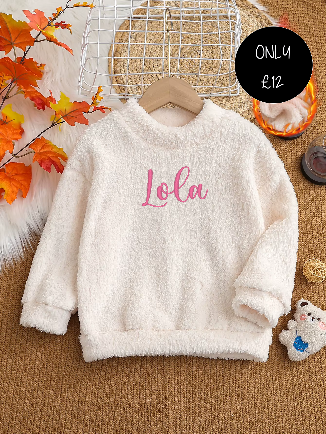 Girls Cream Fluffy Personalised Sweater