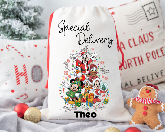Mickey & Friends personalised Christmas Gift present Bag/Sack Drawstring