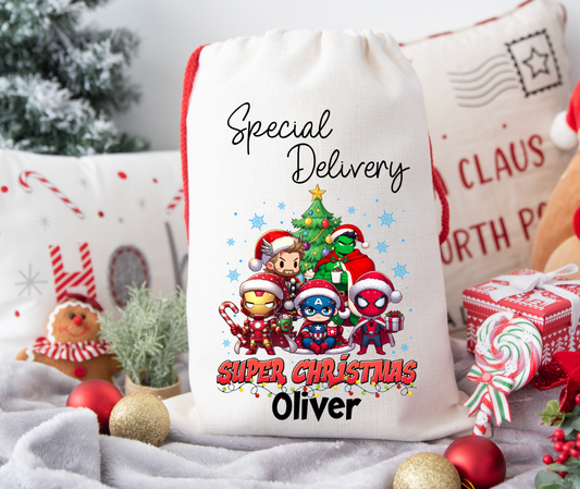Superheros personalised Christmas Gift present Bag/Sack Drawstring