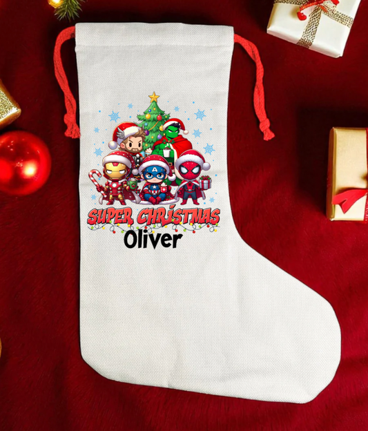 Superheros Personalised kids canvas Christmas Stocking