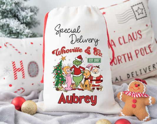 Grinch Whoville personalised Christmas Gift present Bag/Sack Drawstring
