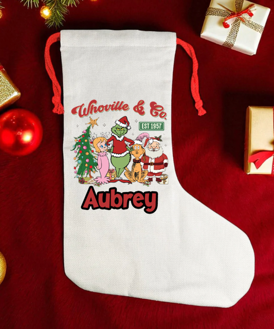 Grinch Whoville Personalised kids canvas Christmas Stocking