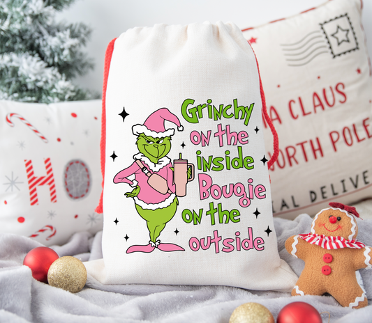 Pink Grinch personalised Christmas Gift present Bag/Sack Drawstring