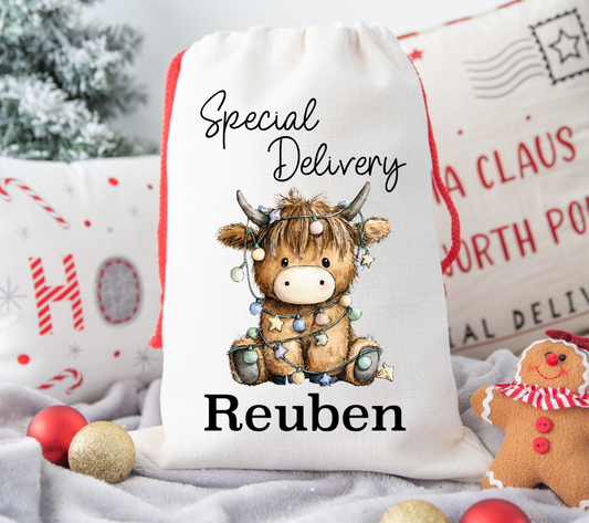Highland Cow personalised Christmas Gift present Bag/Sack Drawstring