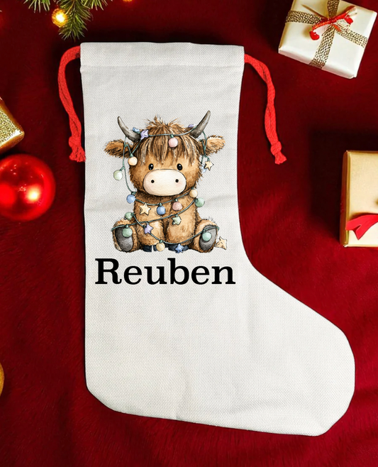 Highland Cow Personalised kids canvas Christmas Stocking