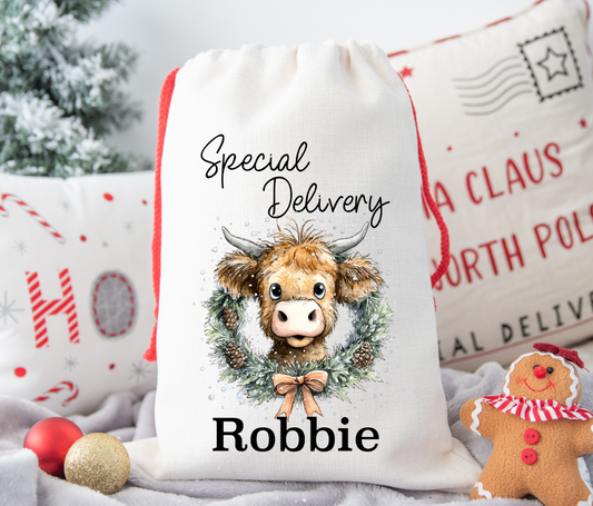 Highland Cow & Wreath personalised Christmas Gift present Bag/Sack Drawstring