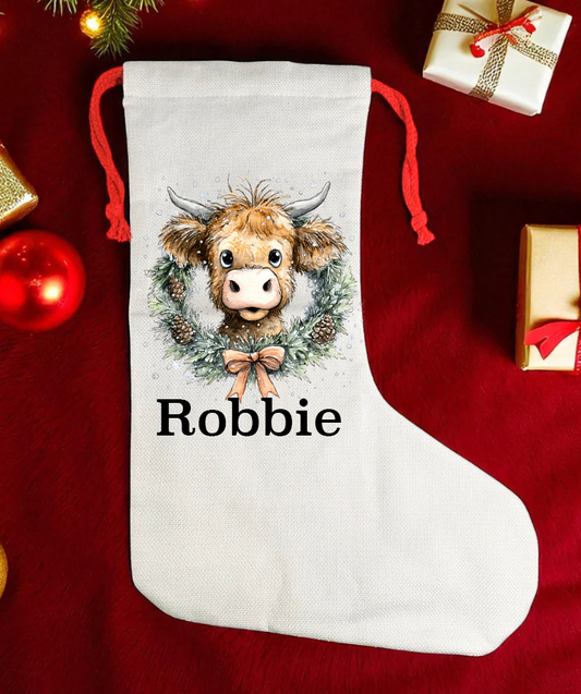 Cow & Wreath Personalised kids canvas Christmas Stocking