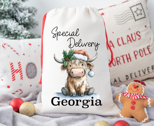 Cow personalised Christmas Gift present Bag/Sack Drawstring