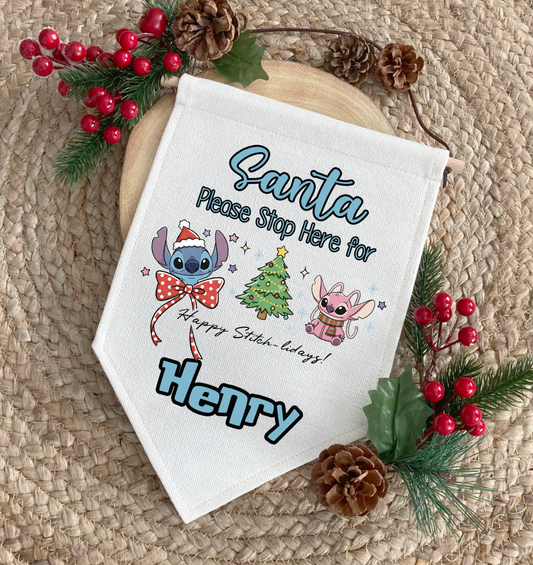 Stitch Personalised "Santa Please Stop here" Fabric Pennant Sign