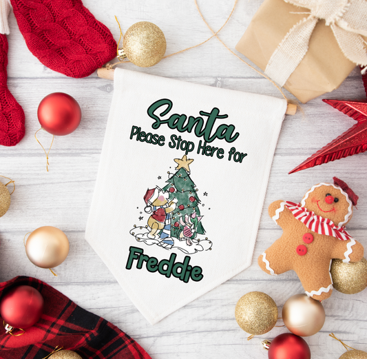 Winnie-the-Pooh Personalised "Santa Please Stop here" Fabric Pennant Sign