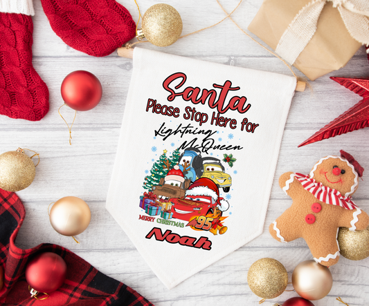 Cars Personalised "Santa Please Stop here" Fabric Pennant Sign