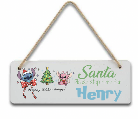 Stitch Personalised "Santa Please Stop here" door hanger Sign/Plaque