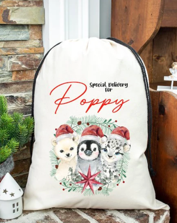 Faux Burlap personalised Christmas Gift present Bag/Sack Drawstring