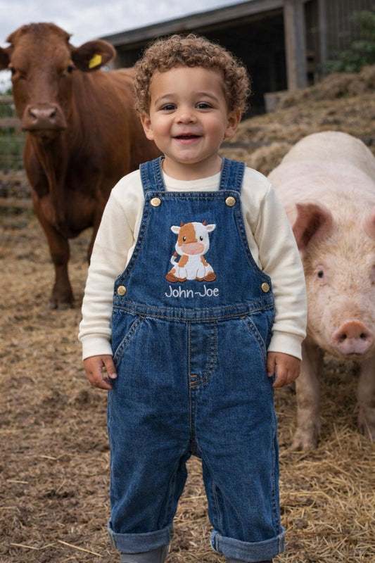 Kids Denim Dungarees Personalised Cow & Name design