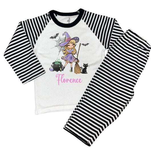 Black Stripe Print Personalised Pyjamas Witch Halloween Design