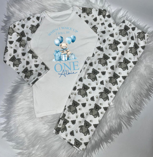 Blue Teddy When I Wake Up Personalised teddy print Birthday Pyjamas Pjs