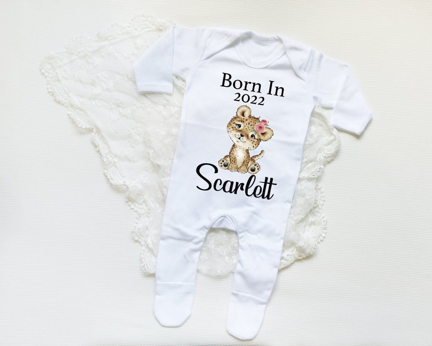 Born In 2022 Leopard Girl - Sleepsuit