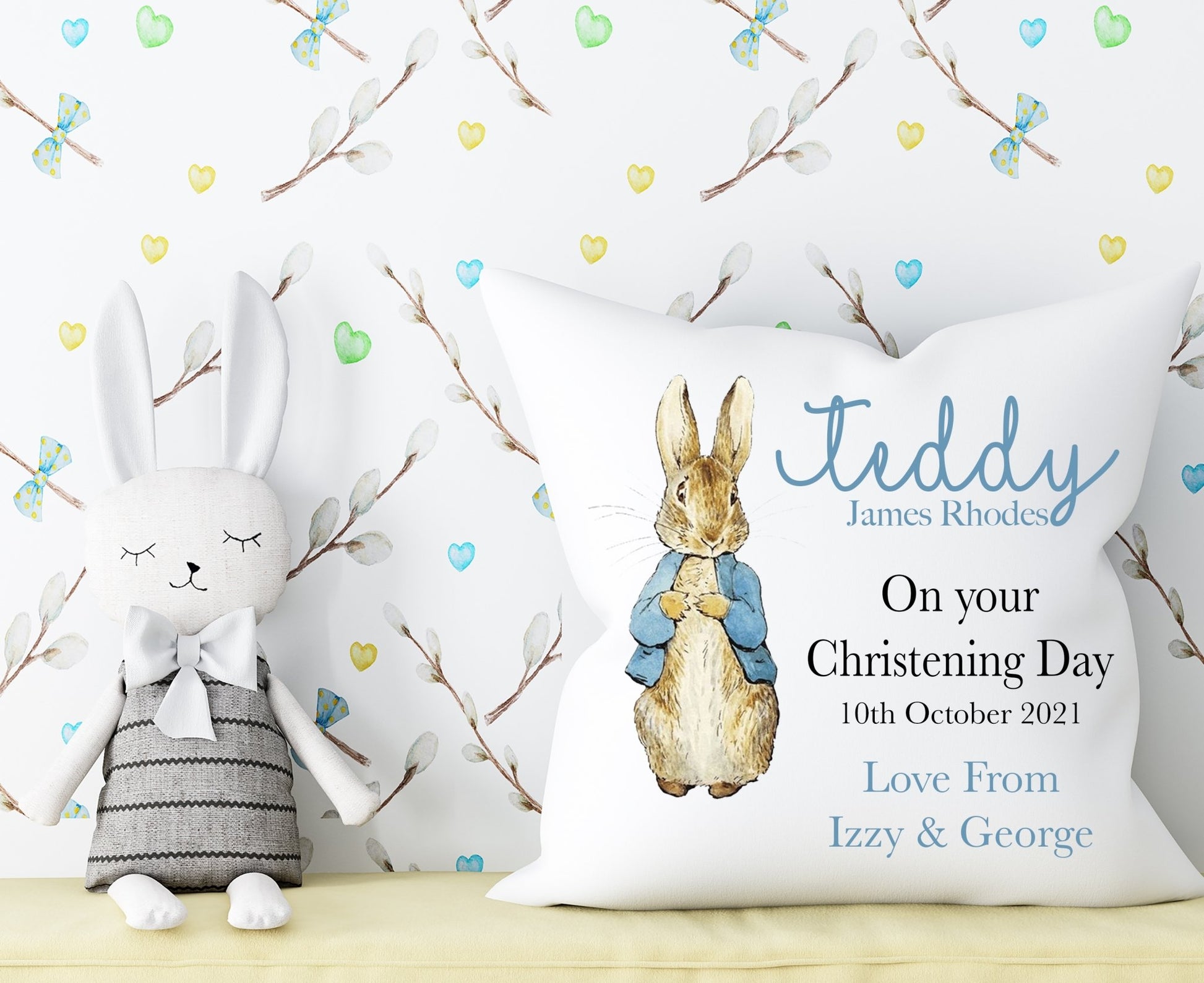 Christening Blue Rabbit Cushion 40x40cm
