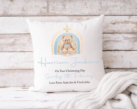 Christening Cushion Rainbow & Teddy 40x40cm