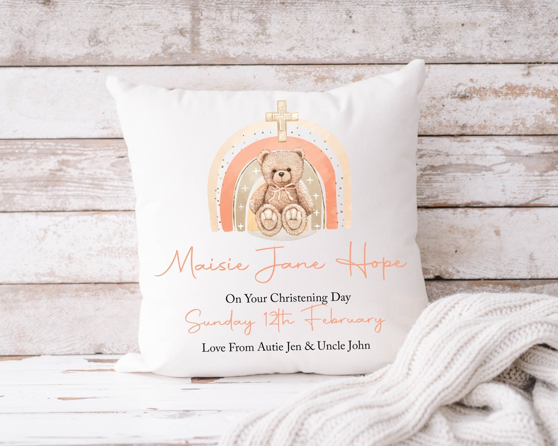 Christening Cushion Rainbow & Teddy 40x40cm