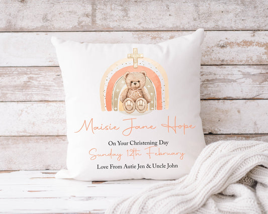 Christening Cushion Rainbow & Teddy 40x40cm