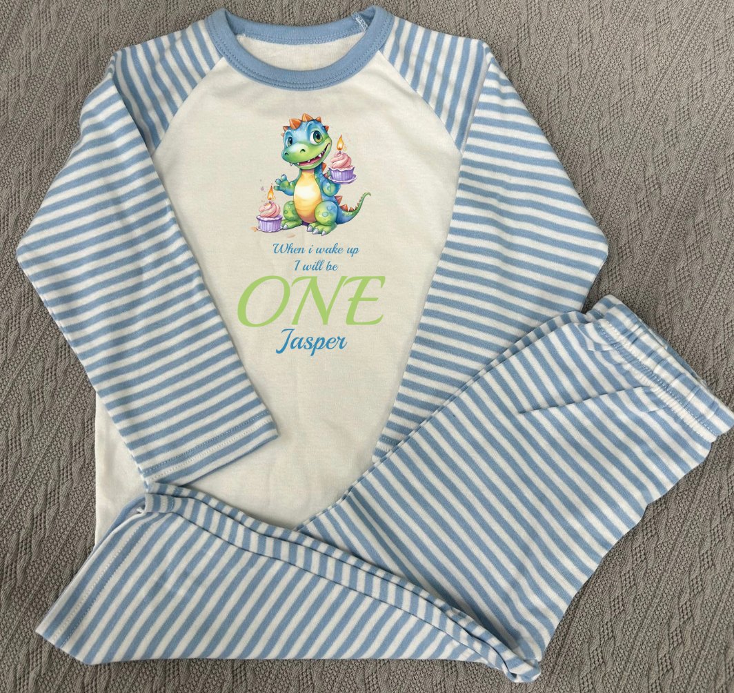 Dino When I Wake Up Personalised blue stripe Birthday Pyjamas Pjs