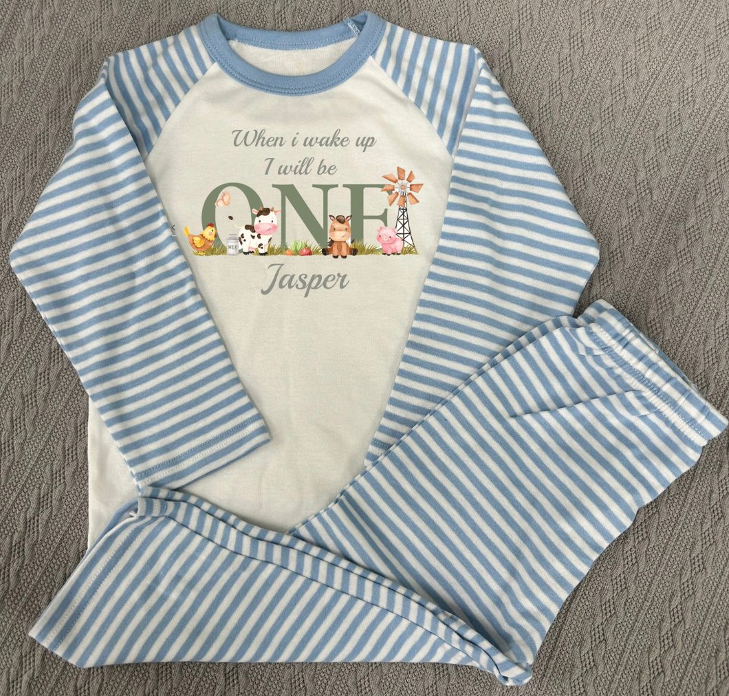 Farmyard When I Wake Up Personalised blue stripe Birthday Pyjamas Pjs