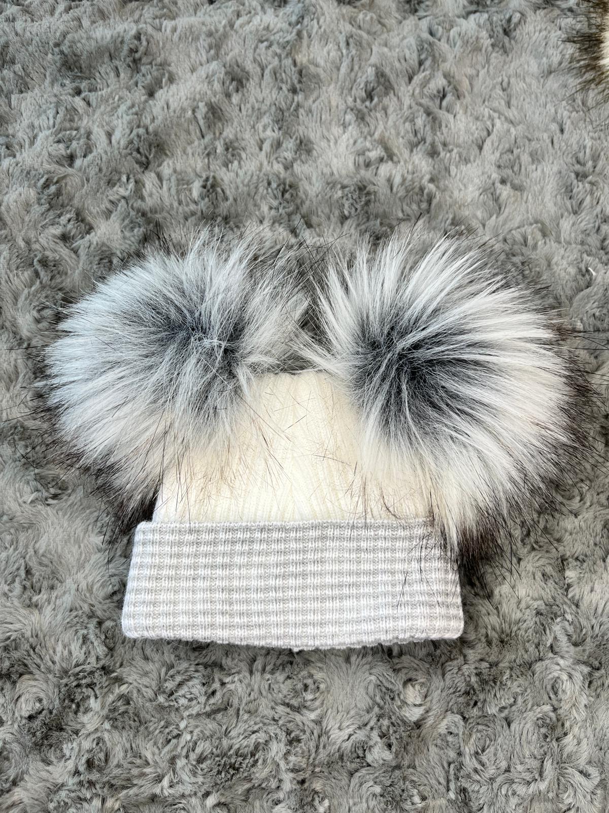 Grey & White Double Pom hat - First Size