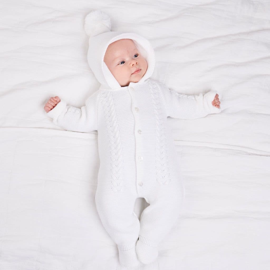 Hooded Knitted Pramsuit White
