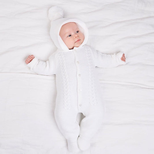 Hooded Knitted Pramsuit White