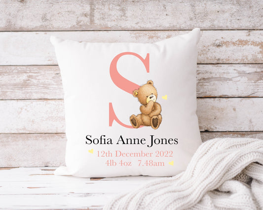 Initial with Bear Cushion 40x40cm - Pink