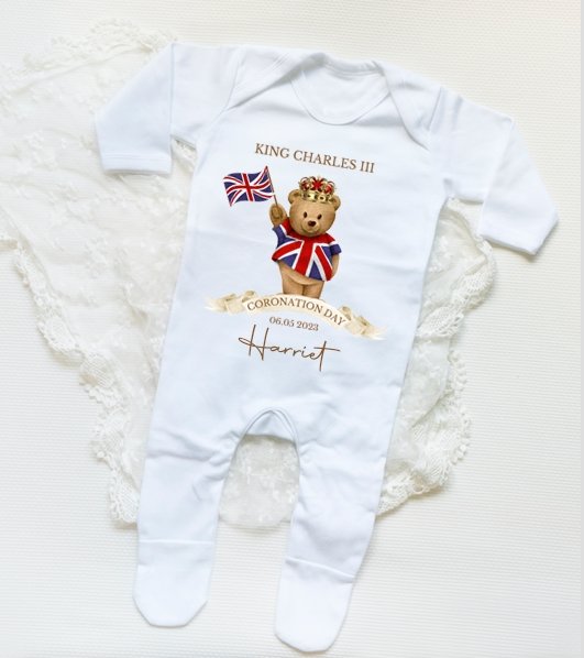 King Charles III Coronation Personalised Sleepsuit Bear Flag