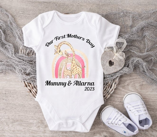 Mothers Day Giraffe & Rainbow Vest Or Sleepsuit