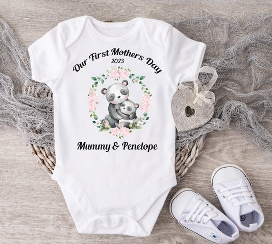 Mothers Day Pandas & Flowers Vest Or Sleepsuit