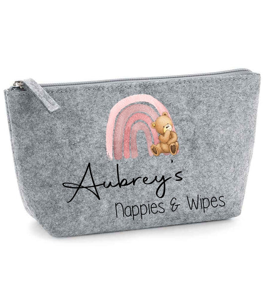 Nappy and Wipes storage bag with Pink rainbow & teddy design