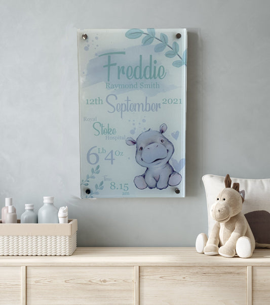 Nursery Birth Block Glass Wall Panel - Hippo
