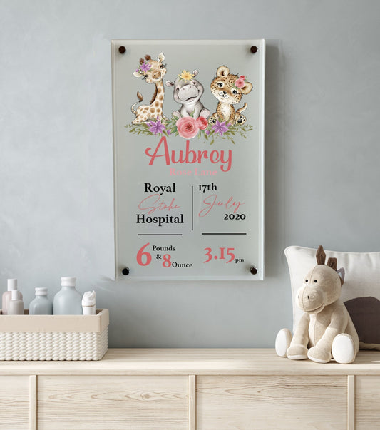 Nursery Birth Block Glass Wall Panel - Safari Animals Girl