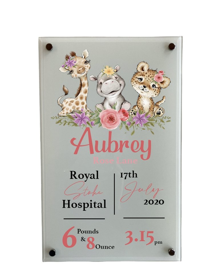 Nursery Birth Block Glass Wall Panel - Safari Animals Girl