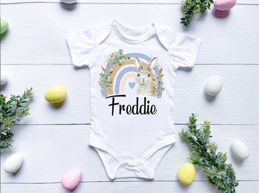Personalised Easter Vest Or Sleepsuit - Blue Rainbow