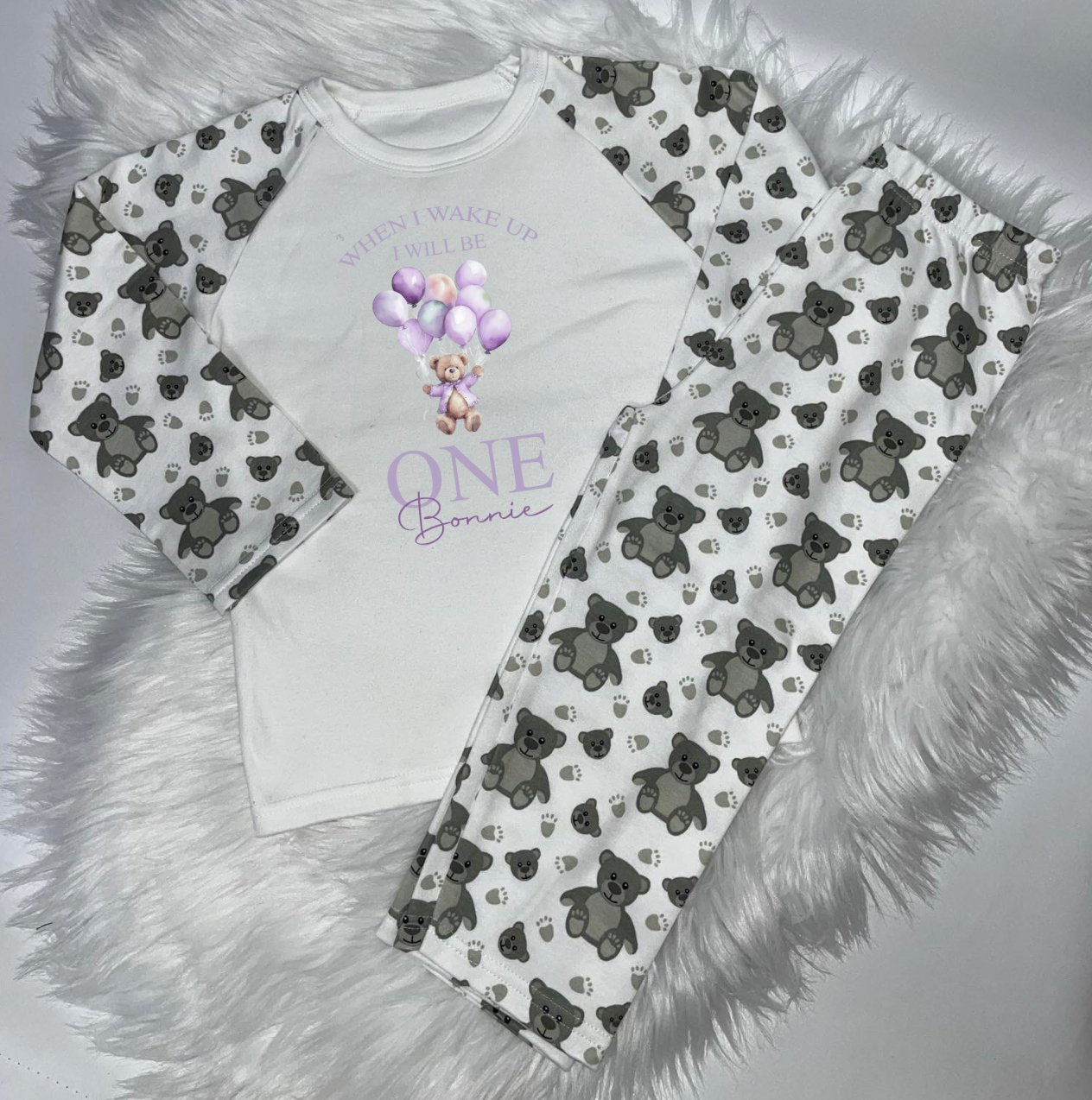 pink baloons When I Wake Up Personalised teddy print Birthday Pyjamas Pjs