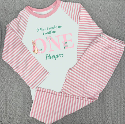 Pink Rabbit & flowers When I Wake Up Personalised pink stripe Birthday Pyjamas Pjs