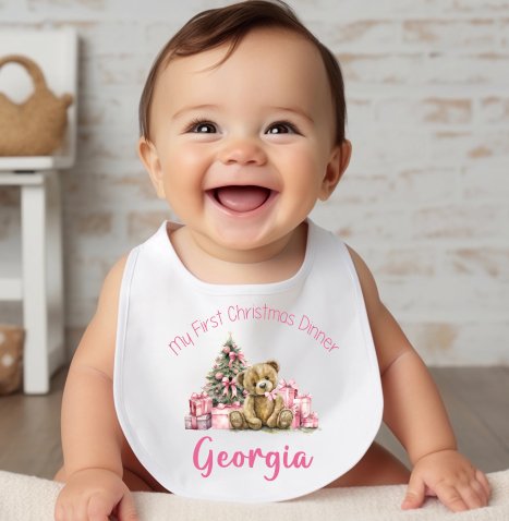 Pink Teddy My First Christmas Personalised Pull on Bib